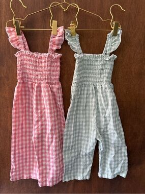 Girls Gingham Smocked Jumpsuit - Pink and Mint